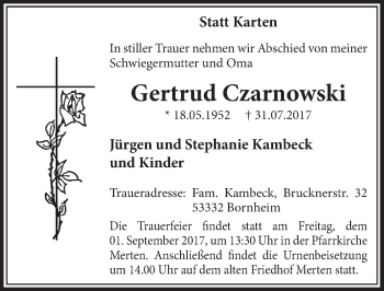 Anzeige von Gertrud Czarnowski von  Schlossbote/Werbekurier 