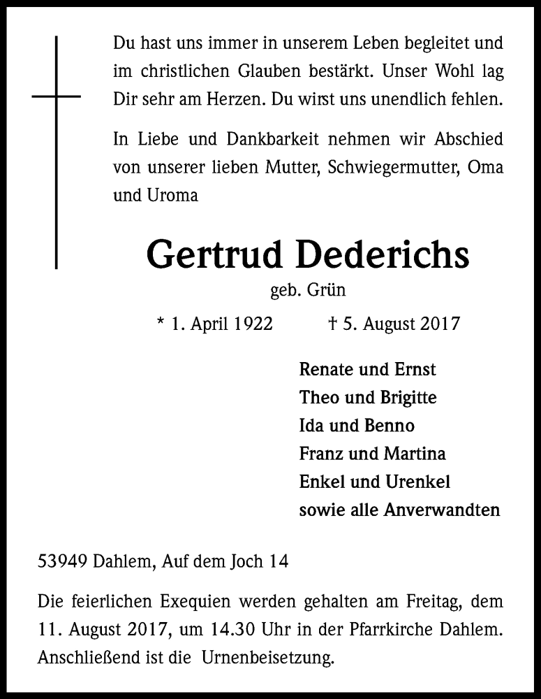  Traueranzeige für Gertrud Dederichs vom 09.08.2017 aus Kölner Stadt-Anzeiger / Kölnische Rundschau / Express