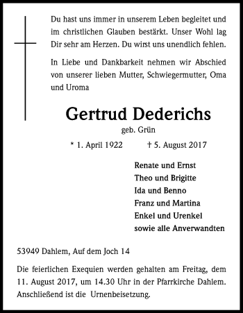 Anzeige von Gertrud Dederichs von Kölner Stadt-Anzeiger / Kölnische Rundschau / Express