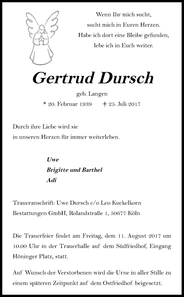  Traueranzeige für Gertrud Dursch vom 05.08.2017 aus Kölner Stadt-Anzeiger / Kölnische Rundschau / Express