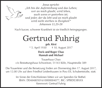 Anzeige von Gertrud Fuhrig von  Kölner Wochenspiegel 