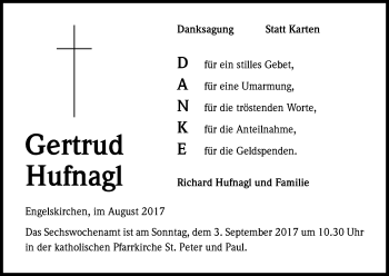 Anzeige von Gertrud Hufnagl von Kölner Stadt-Anzeiger / Kölnische Rundschau / Express