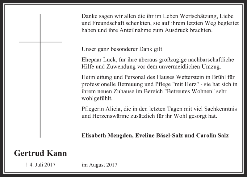  Traueranzeige für Gertrud Kann vom 09.08.2017 aus  Schlossbote/Werbekurier 