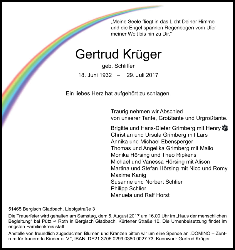  Traueranzeige für Gertrud Krüger vom 02.08.2017 aus Kölner Stadt-Anzeiger / Kölnische Rundschau / Express