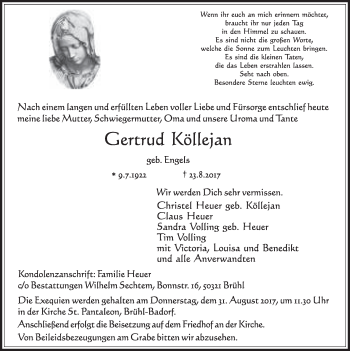 Anzeige von Gertrud Köllejan von  Schlossbote/Werbekurier 