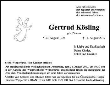 Anzeige von Gertrud Kösling von Kölner Stadt-Anzeiger / Kölnische Rundschau / Express