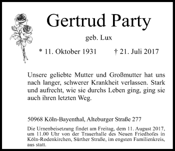 Anzeige von Gertrud Party von Kölner Stadt-Anzeiger / Kölnische Rundschau / Express