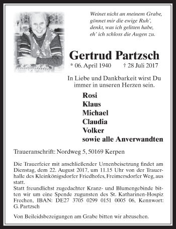 Anzeige von Gertrud Partzsch von  Wochenende 