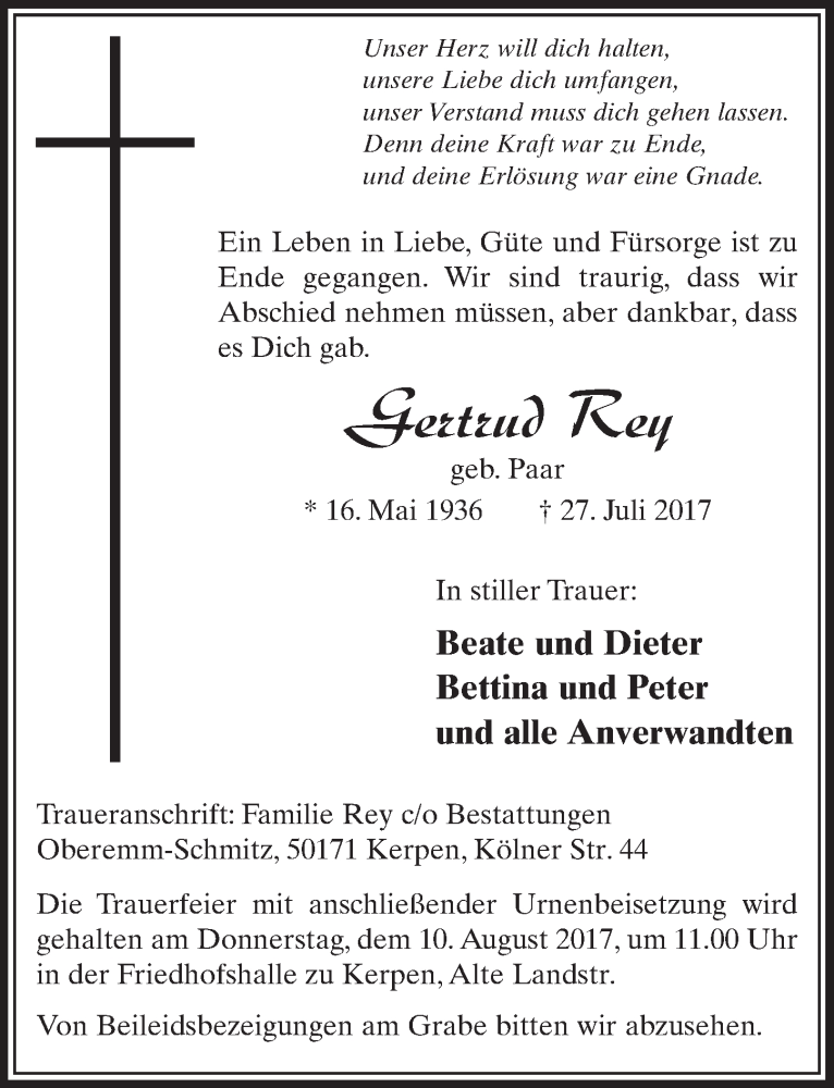  Traueranzeige für Gertrud Rey vom 05.08.2017 aus  Sonntags-Post 