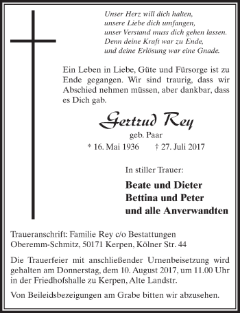 Anzeige von Gertrud Rey von  Sonntags-Post 