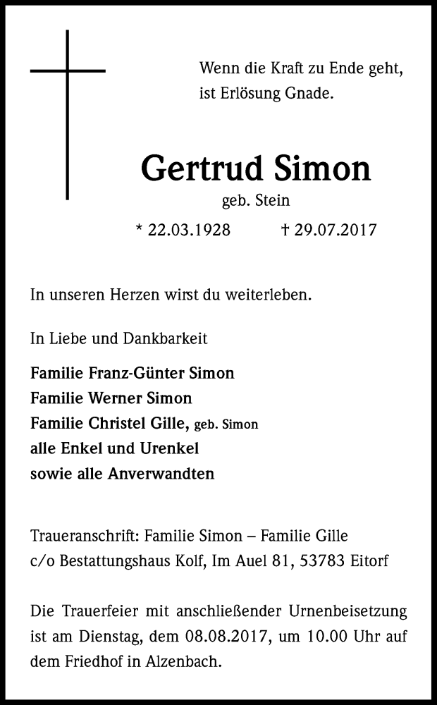  Traueranzeige für Gertrud Simon vom 03.08.2017 aus Kölner Stadt-Anzeiger / Kölnische Rundschau / Express