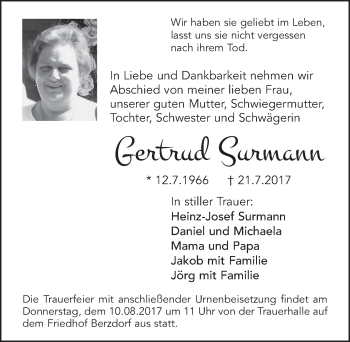 Anzeige von Gertrud Surmann von  Schlossbote/Werbekurier 