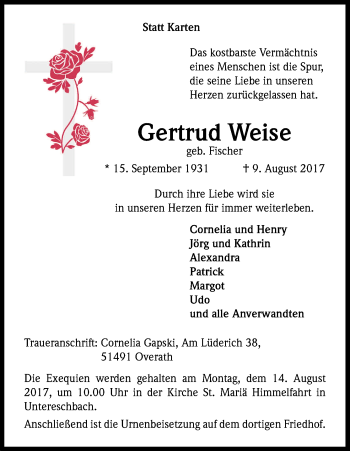 Anzeige von Gertrud Weise von Kölner Stadt-Anzeiger / Kölnische Rundschau / Express