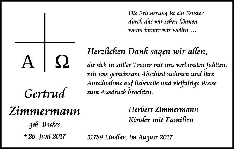  Traueranzeige für Gertrud Zimmermann vom 19.08.2017 aus Kölner Stadt-Anzeiger / Kölnische Rundschau / Express