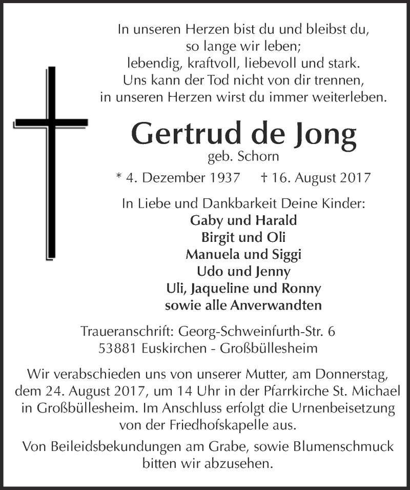  Traueranzeige für Gertrud de Jong vom 19.08.2017 aus  Blickpunkt Euskirchen 