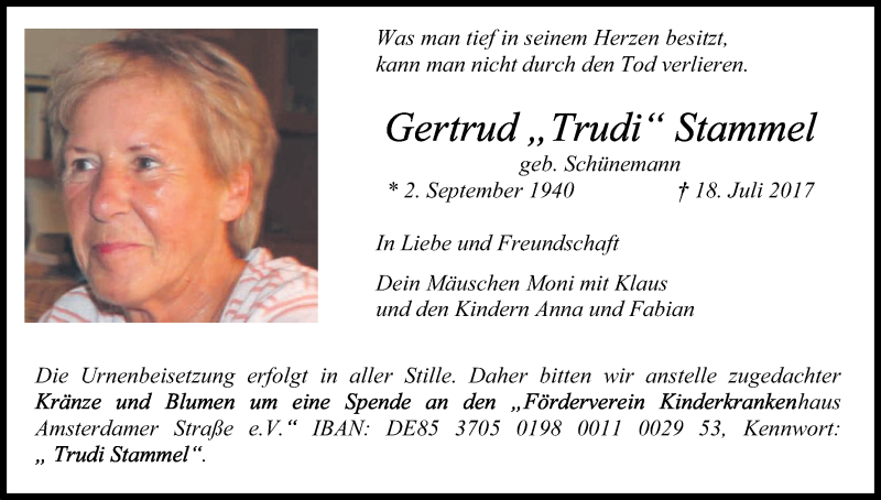  Traueranzeige für Gertrud Trudi Stammel vom 05.08.2017 aus Kölner Stadt-Anzeiger / Kölnische Rundschau / Express