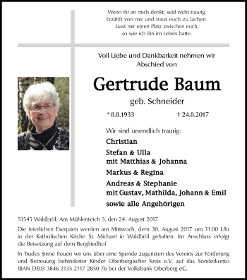 Anzeige von Gertrude Baum von Kölner Stadt-Anzeiger / Kölnische Rundschau / Express