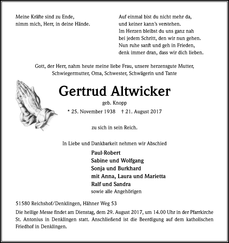  Traueranzeige für Getrud Altwicker vom 23.08.2017 aus Kölner Stadt-Anzeiger / Kölnische Rundschau / Express