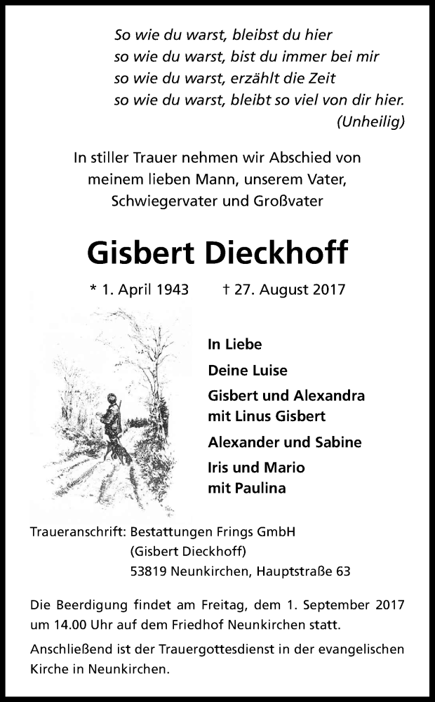  Traueranzeige für Gisbert Dieckhoff vom 30.08.2017 aus Kölner Stadt-Anzeiger / Kölnische Rundschau / Express