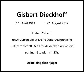 Anzeige von Gisbert Dieckhoff von Kölner Stadt-Anzeiger / Kölnische Rundschau / Express