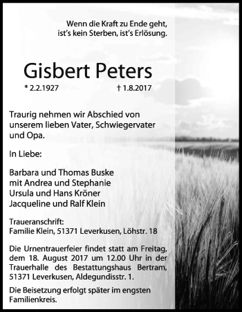 Anzeige von Gisbert Peters von Kölner Stadt-Anzeiger / Kölnische Rundschau / Express
