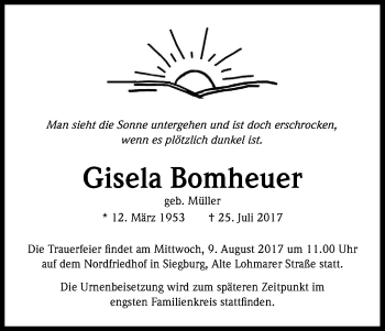 Anzeige von Gisela Bomheuer von Kölner Stadt-Anzeiger / Kölnische Rundschau / Express
