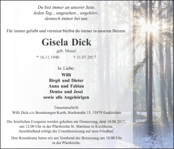 Anzeige von Gisela Dick von  Blickpunkt Euskirchen 