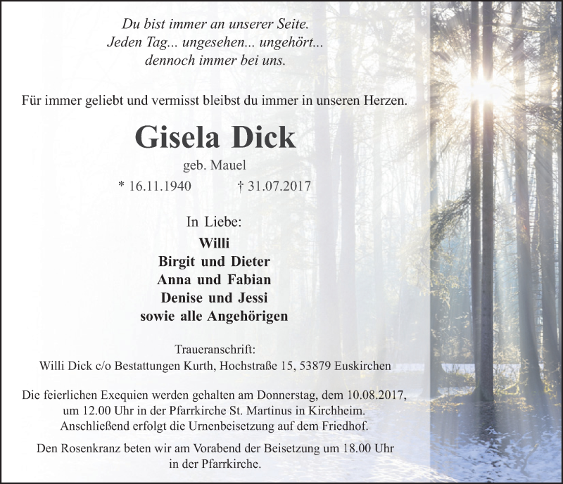  Traueranzeige für Gisela Dick vom 05.08.2017 aus  Blickpunkt Euskirchen 