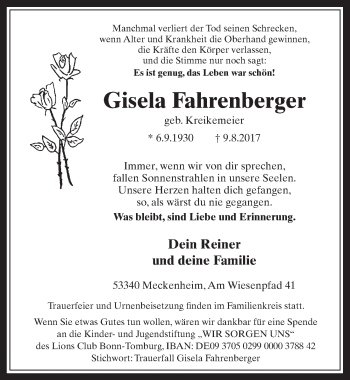 Anzeige von Gisela Fahrenberger von  Schaufenster/Blickpunkt 