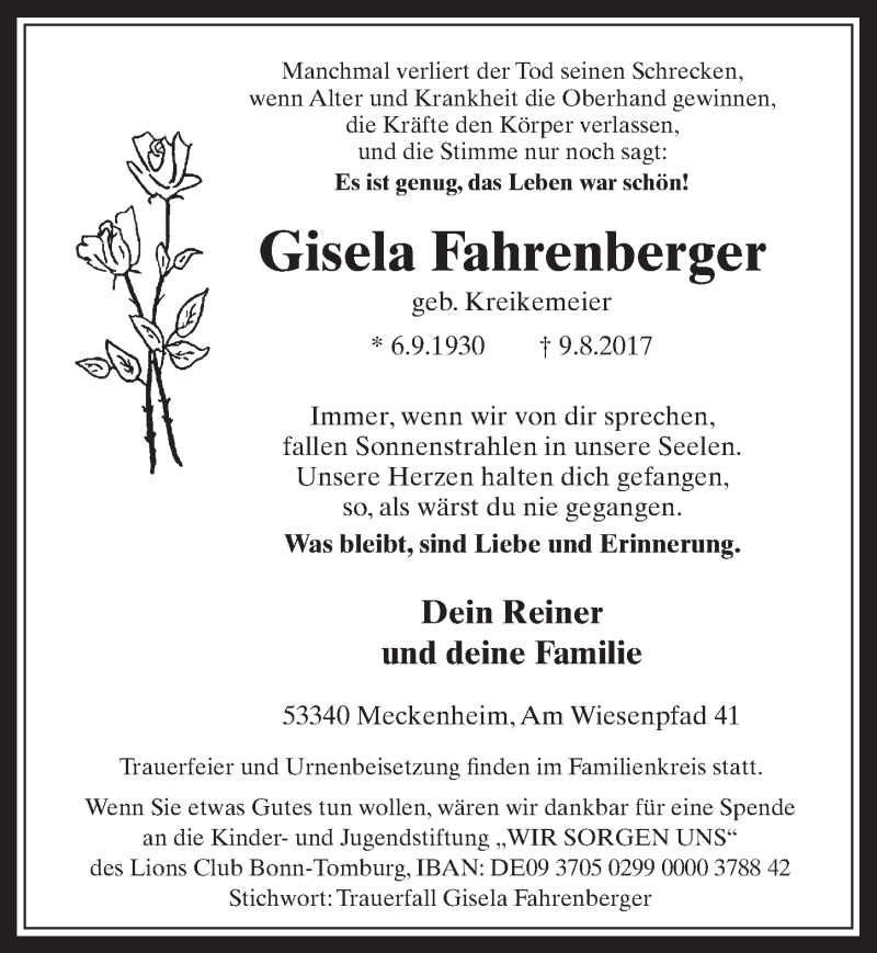  Traueranzeige für Gisela Fahrenberger vom 16.08.2017 aus  Schaufenster/Blickpunkt 