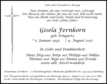 Anzeige von Gisela Fernkorn von Kölner Stadt-Anzeiger / Kölnische Rundschau / Express