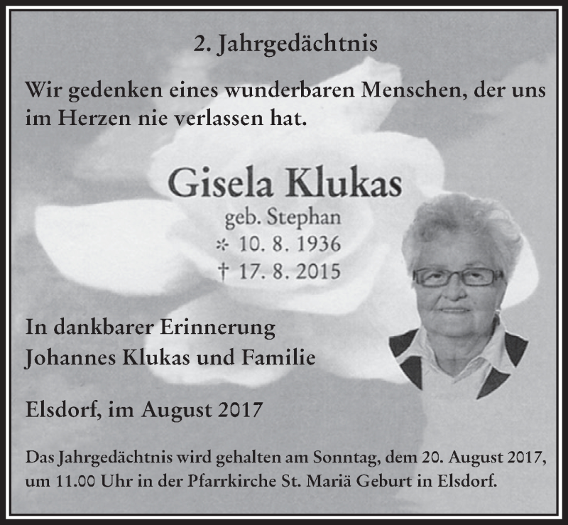  Traueranzeige für Gisela Klukas vom 16.08.2017 aus  Werbepost 