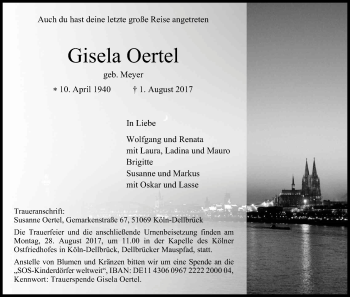 Anzeige von Gisela Oertel von Kölner Stadt-Anzeiger / Kölnische Rundschau / Express