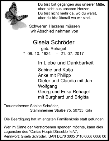 Anzeige von Gisela Schröder von Kölner Stadt-Anzeiger / Kölnische Rundschau / Express