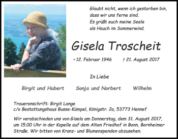 Anzeige von Gisela Troscheit von Kölner Stadt-Anzeiger / Kölnische Rundschau / Express