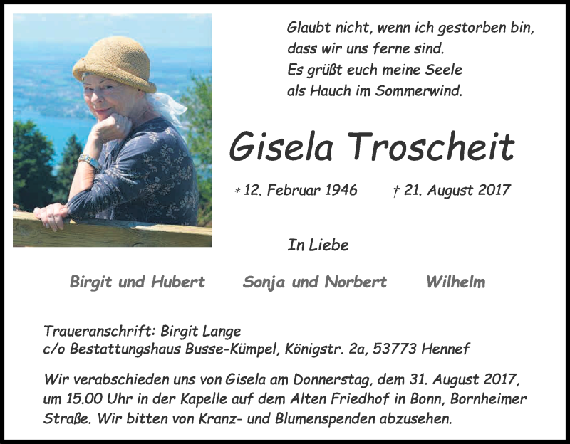  Traueranzeige für Gisela Troscheit vom 26.08.2017 aus Kölner Stadt-Anzeiger / Kölnische Rundschau / Express