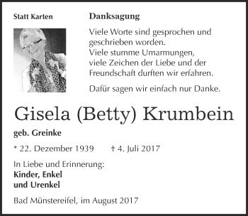 Anzeige von Gisela Betty Krumbein von  Blickpunkt Euskirchen 