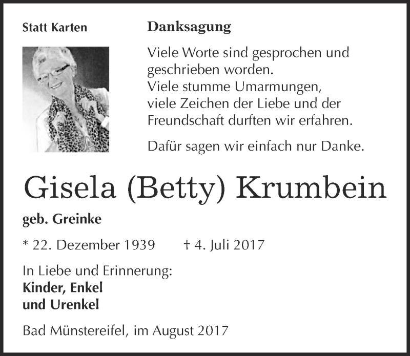  Traueranzeige für Gisela Betty Krumbein vom 19.08.2017 aus  Blickpunkt Euskirchen 