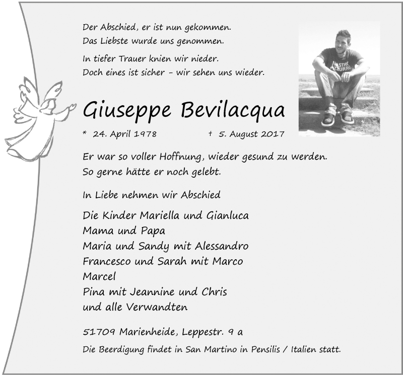  Traueranzeige für Giuseppe Bevilacqua vom 09.08.2017 aus  Anzeigen Echo 