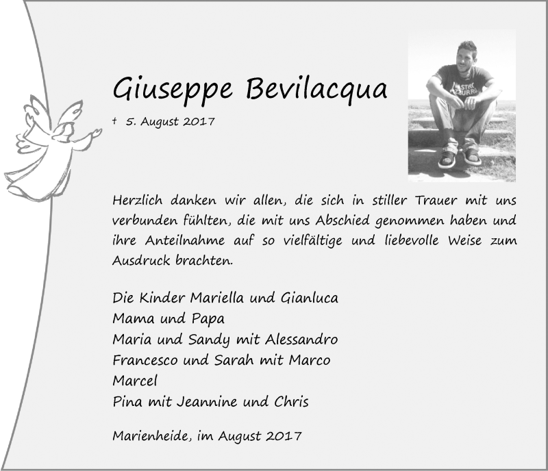  Traueranzeige für Giuseppe Bevilacqua vom 30.08.2017 aus  Anzeigen Echo 