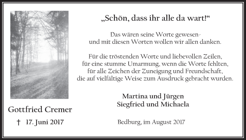  Traueranzeige für Gottfried Cremer vom 02.08.2017 aus  Werbepost 