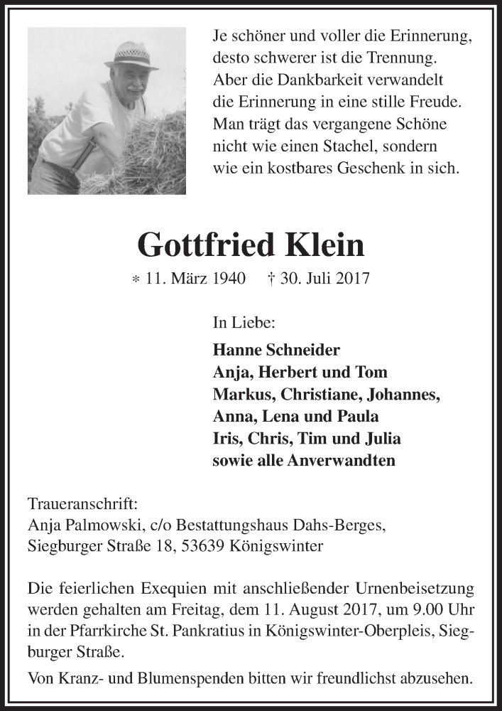  Traueranzeige für Gottfried Klein vom 09.08.2017 aus  Extra Blatt 