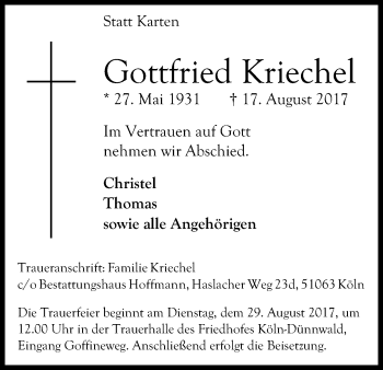 Anzeige von Gottfried Kriechel von Kölner Stadt-Anzeiger / Kölnische Rundschau / Express