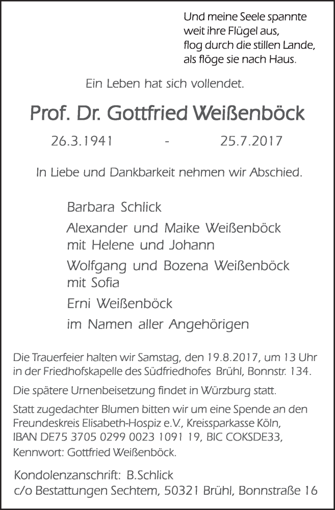  Traueranzeige für Gottfried Weißenböck vom 02.08.2017 aus  Schlossbote/Werbekurier 