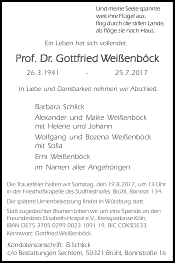 Anzeige von Gottfried Weißenböck von Kölner Stadt-Anzeiger / Kölnische Rundschau / Express
