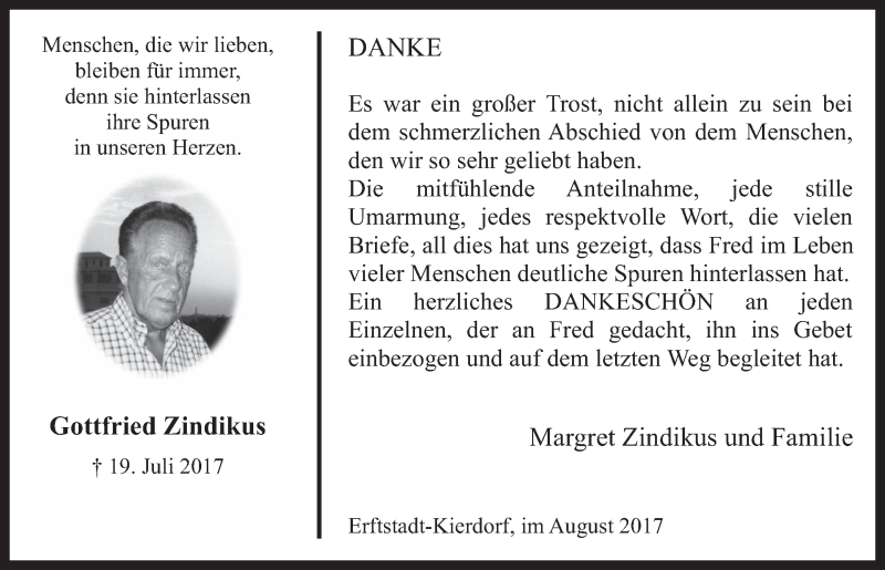  Traueranzeige für Gottfried Zindikus vom 30.08.2017 aus  Werbepost 