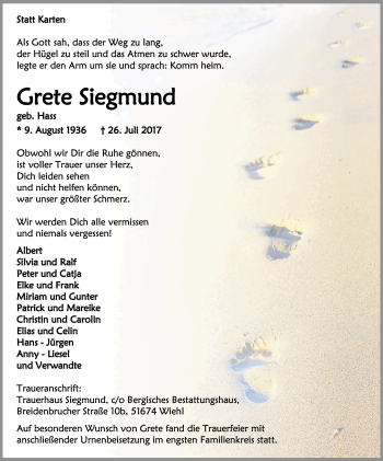 Anzeige von Grete Siegmund von Kölner Stadt-Anzeiger / Kölnische Rundschau / Express