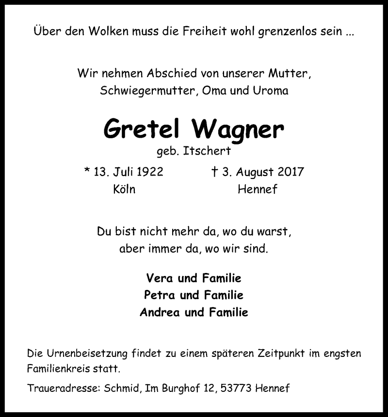  Traueranzeige für Gretel Wagner vom 12.08.2017 aus Kölner Stadt-Anzeiger / Kölnische Rundschau / Express