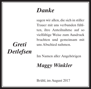 Anzeige von Greti Detlefsen von  Schlossbote/Werbekurier 
