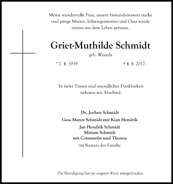 Anzeige von Griet-Muthilde Schmidt von Kölner Stadt-Anzeiger / Kölnische Rundschau / Express